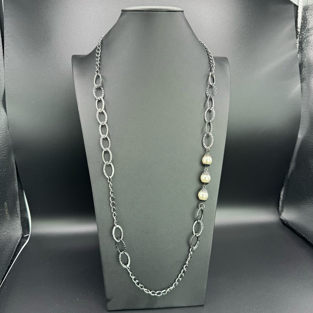 Black Curb Chain Beaded Hammered Hoop Women Fashion Necklace 35"